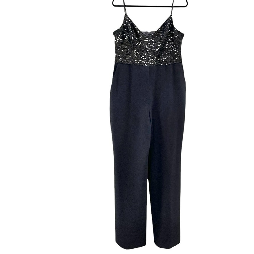 Eliza J Black jumpsuit sequin top spaghetti strap zip back empire waist size 14